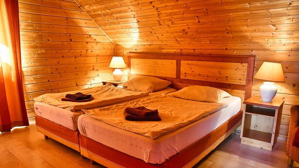 A wooden-paneled bedroom with a double bed, two bedside tables with lamps, and a small wooden cabinet. - Find Your Holiday Home in the Harz Mountains (Oberharz am Brocken)