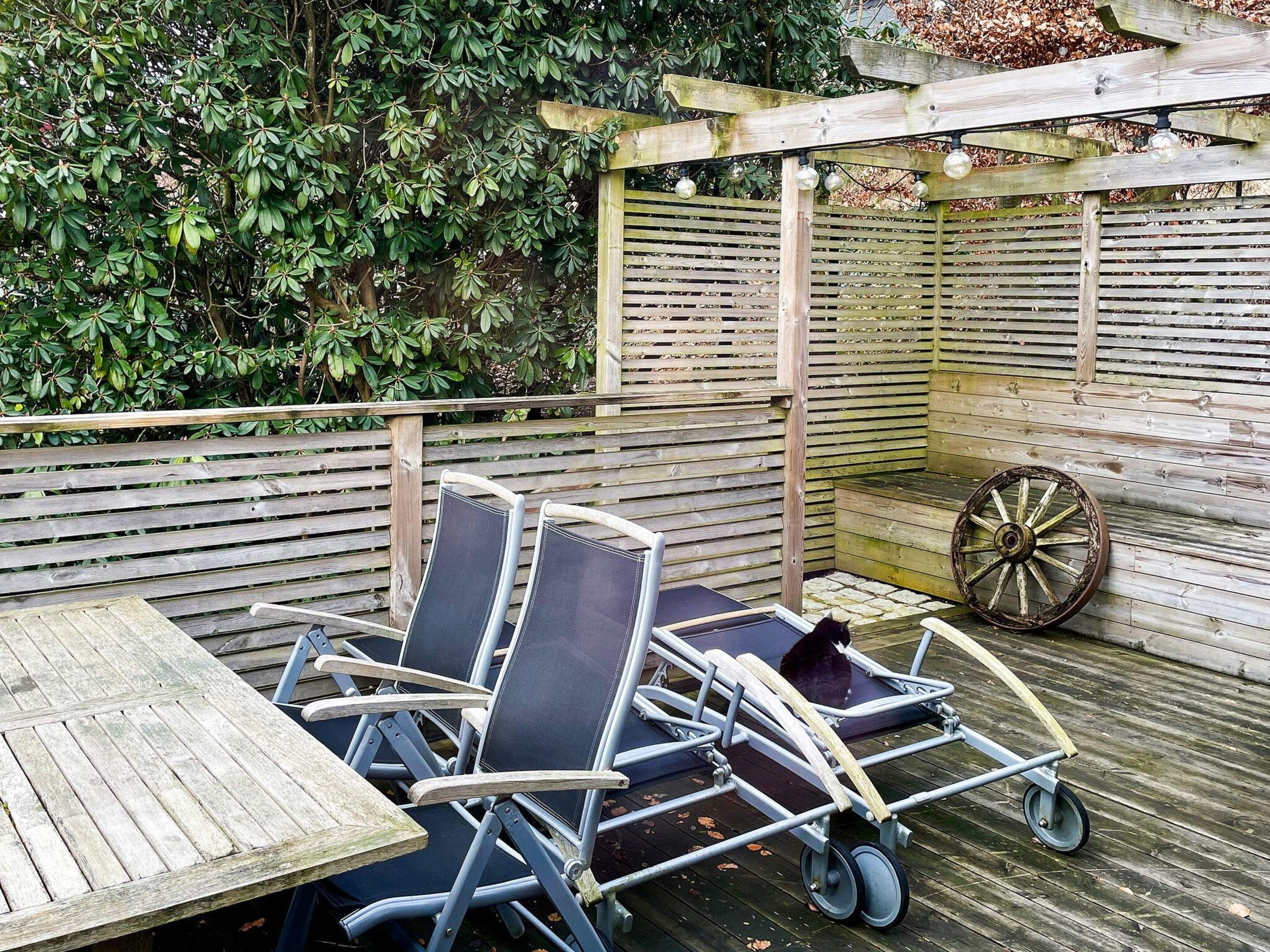 A wooden deck with a table and chairs, a wheelbarrow, and a wooden fence with climbing plants.