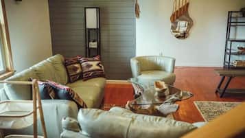 Smart TV, fireplace, books