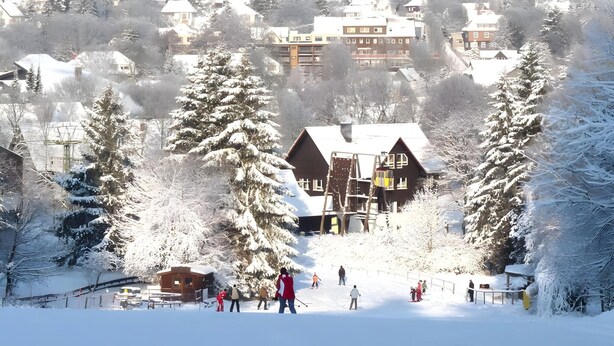 A snow-covered ski resort with a lodge, ski slopes, and surrounding trees. - Kurzurlaub in Bockswiese, Hahnenklee (Goslar)
