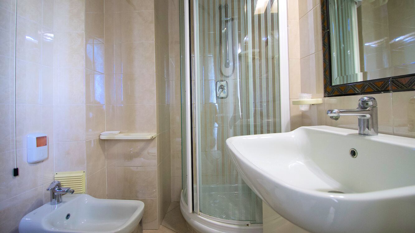 A bathroom with a shower, a sink, and a bidet.