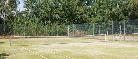 Un court de tennis en plein air, doté d’un filet, entouré d’une clôture en treillis métallique et d’arbres.