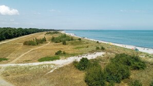 Un paysage côtier comprenant une plage, un sentier de terre et une zone boisée.