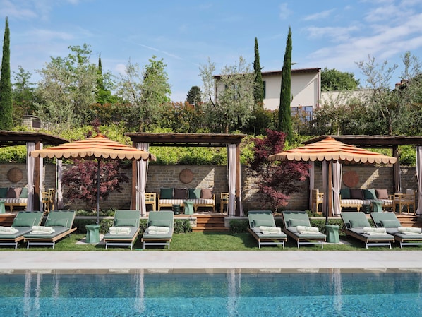 Seasonal outdoor pool, open 10:00 AM to 8:00 PM, pool umbrellas