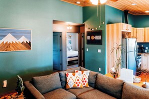 Smart TV, fireplace, books