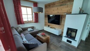 A modern living room with a grey sofa, wooden wall paneling, a TV, and a fireplace. - Alpin Residenzen Top 12 (Hollersbach im Pinzgau)