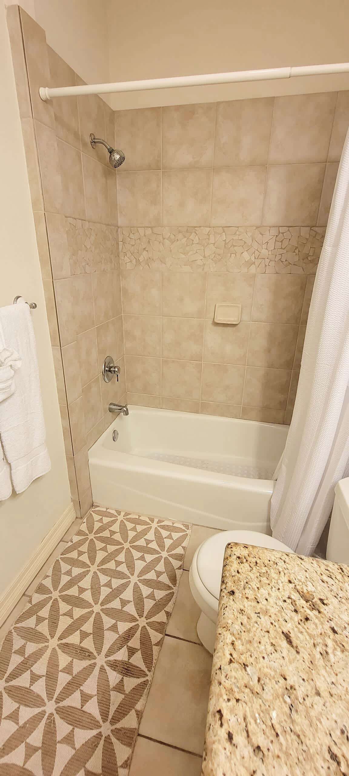 Une salle de bain avec une baignoire, une douche et des toilettes.