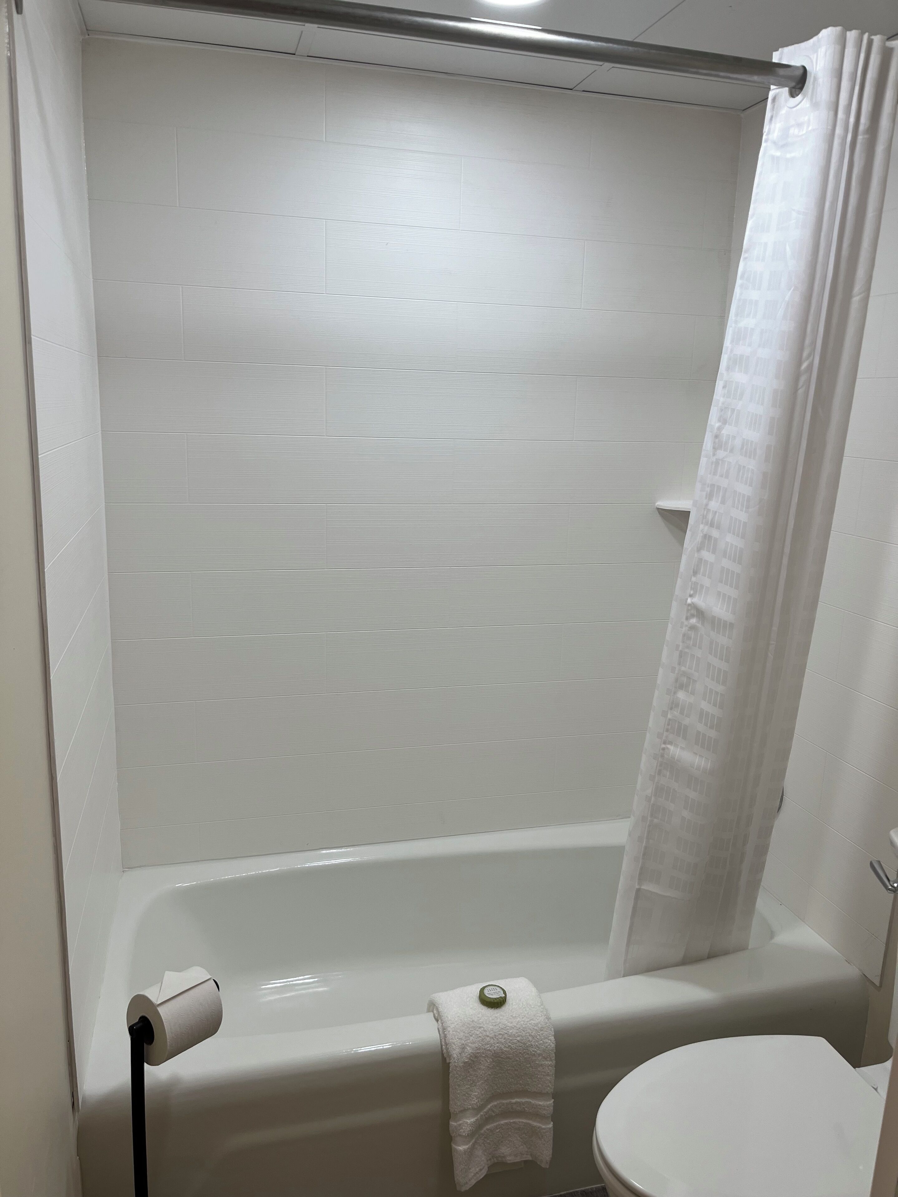 Un bagno con una vasca, un water e una tenda da doccia.