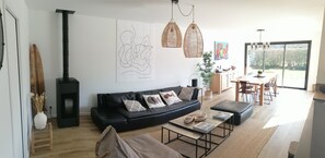 TV, fireplace, books