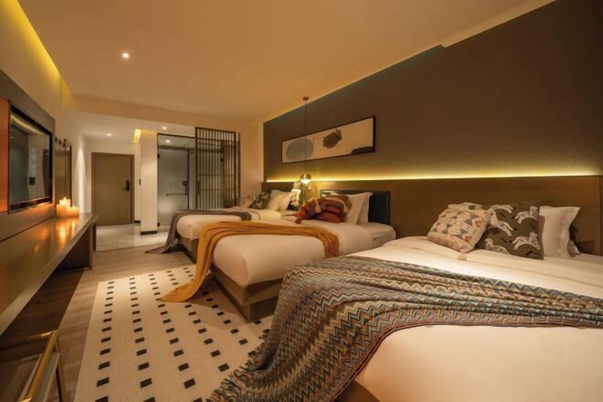 A hotel room with two beds, a large mirror, a flat-screen TV, and a patterned rug.