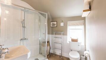 Hair dryer, towels, soap, shampoo