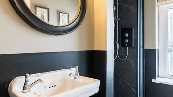 Hair dryer, towels, soap, shampoo