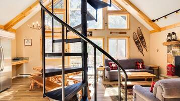 Smart TV, fireplace, foosball, books
