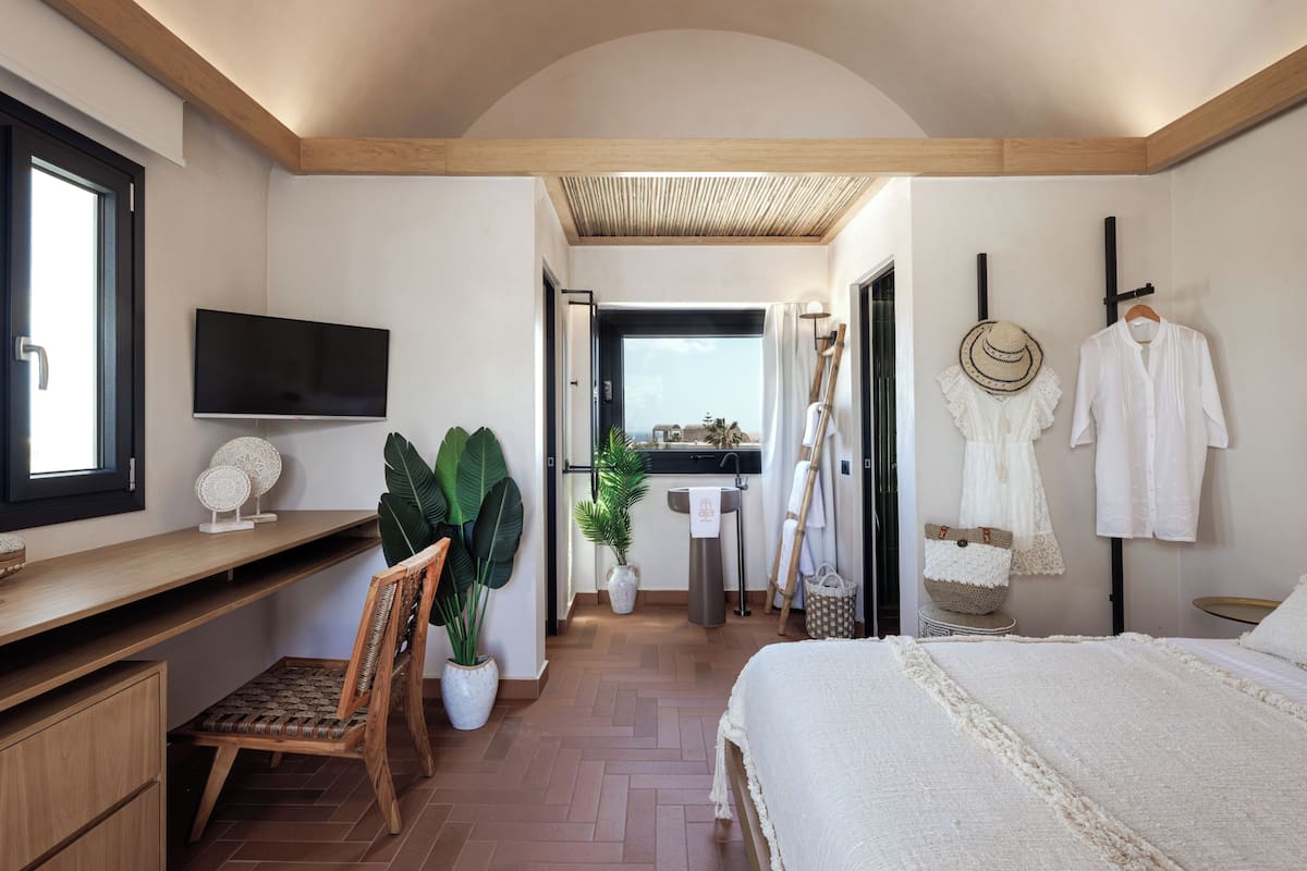 A bedroom with a bed, a desk, a TV, a chair, a potted plant, and a view of the outdoors.