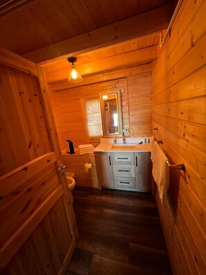 Ein Badezimmer einer Holzhütte mit Toilette, Waschbecken und Spiegel.