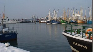 Un puerto deportivo con varias embarcaciones amarradas, incluyendo un barco llamado "SEEHUND".