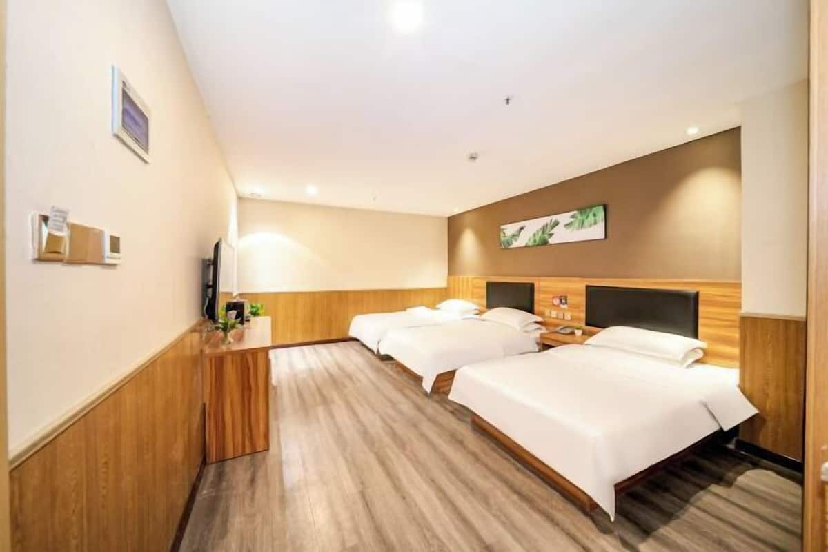 Ein Hotelzimmer mit zwei Betten, einem Holz-Kopfteil, einem Flachbildfernseher, einem Nachttisch und einer kleinen Pflanze.
