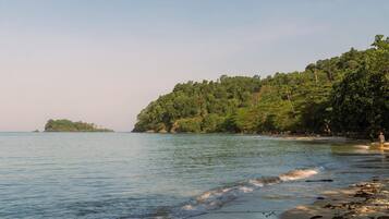 A beach with calm water, a sandy shore, and a forested hill in the background.