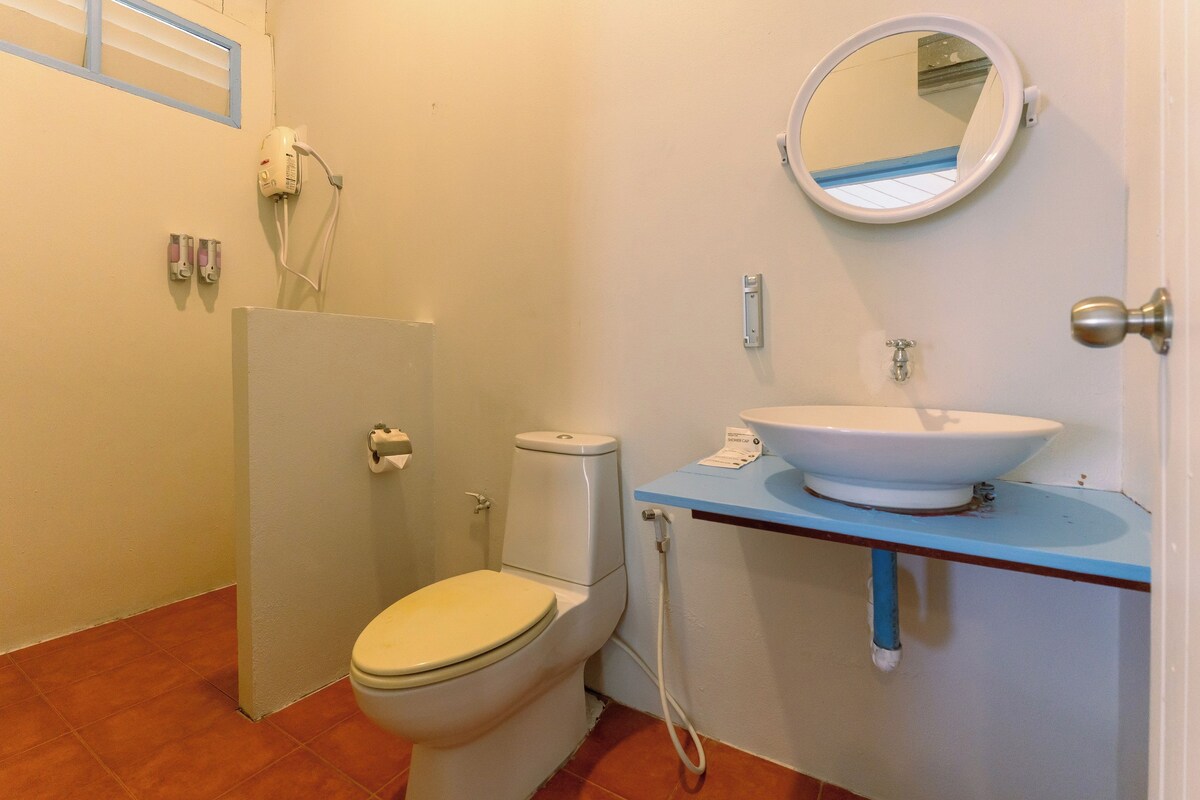 A bathroom with a toilet, a sink, and a mirror.