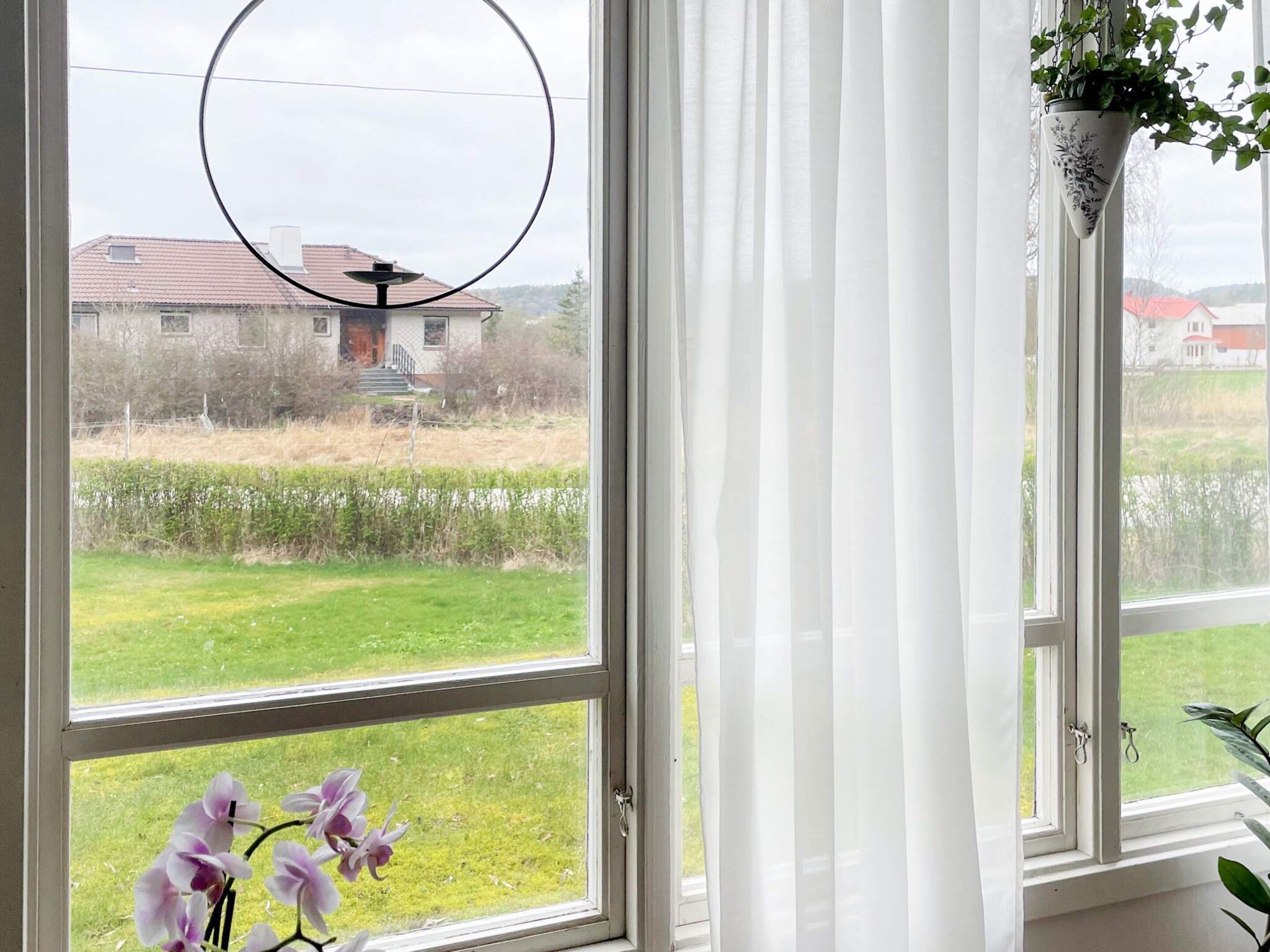 Una ventana con vista a un área verde y un edificio a lo lejos.