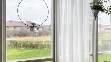 Una ventana con vista a un área verde y un edificio a lo lejos.