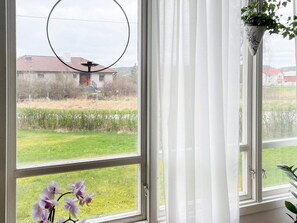 A window with a view of a grassy area and a building in the distance.