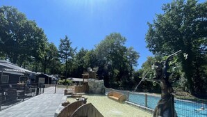 A pool area with a stone wall, a wooden bench, and a small dog statue. - Modern Holiday Home With Decorative Fireplace (Hoenderloo)