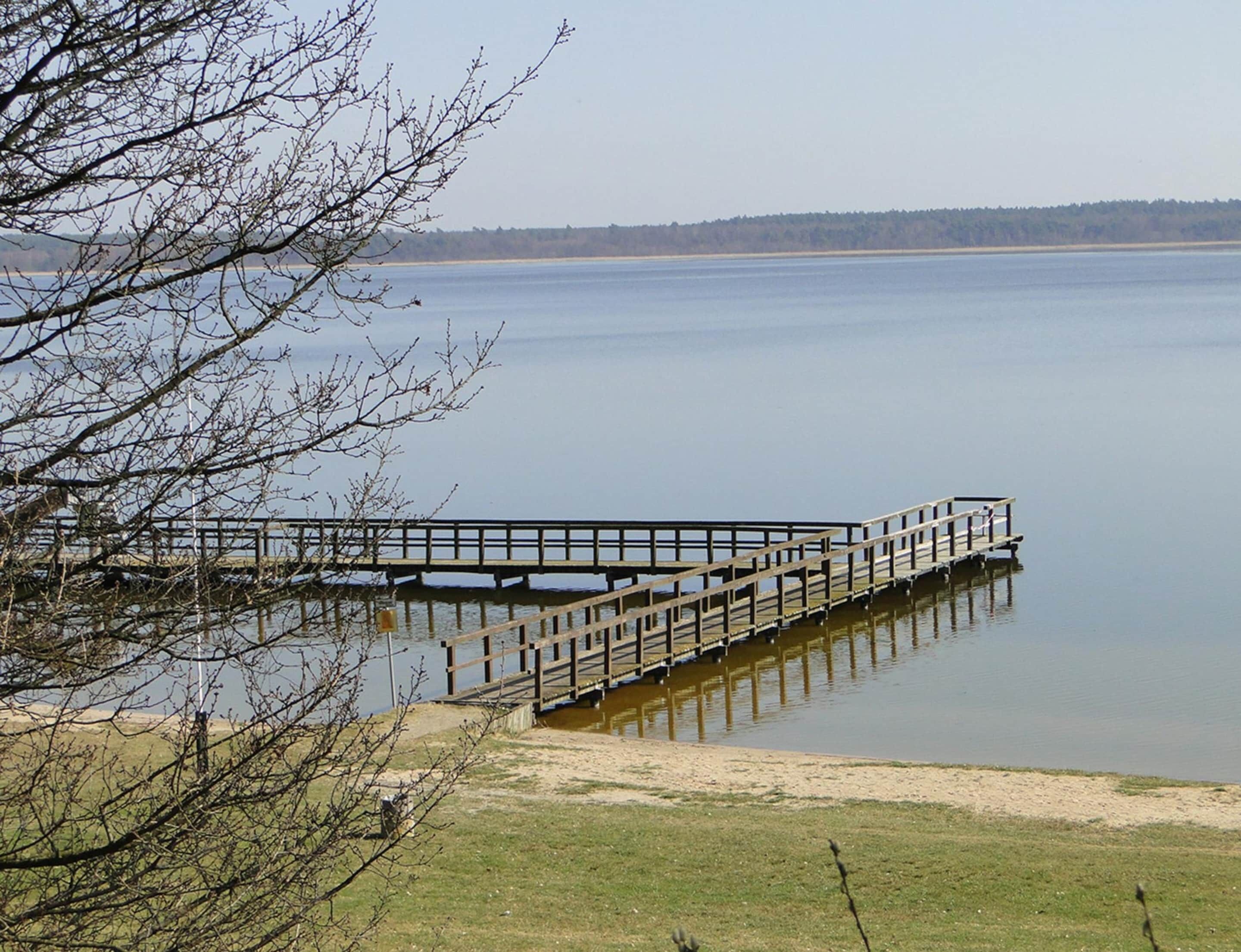 A wooden pier extending into a calm lake, surrounded by sparse trees and a distant shoreline.