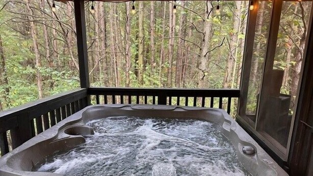 A hot tub with a view of a forested area. - Cedar  Gap  Hideaway (Birdseye)