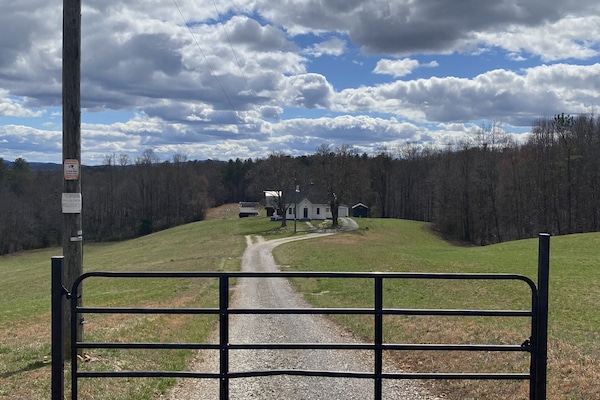 The view from the top of the driveway, looking down toward the house.