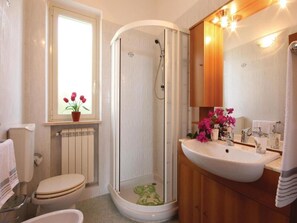 Shower, hair dryer, bidet, towels