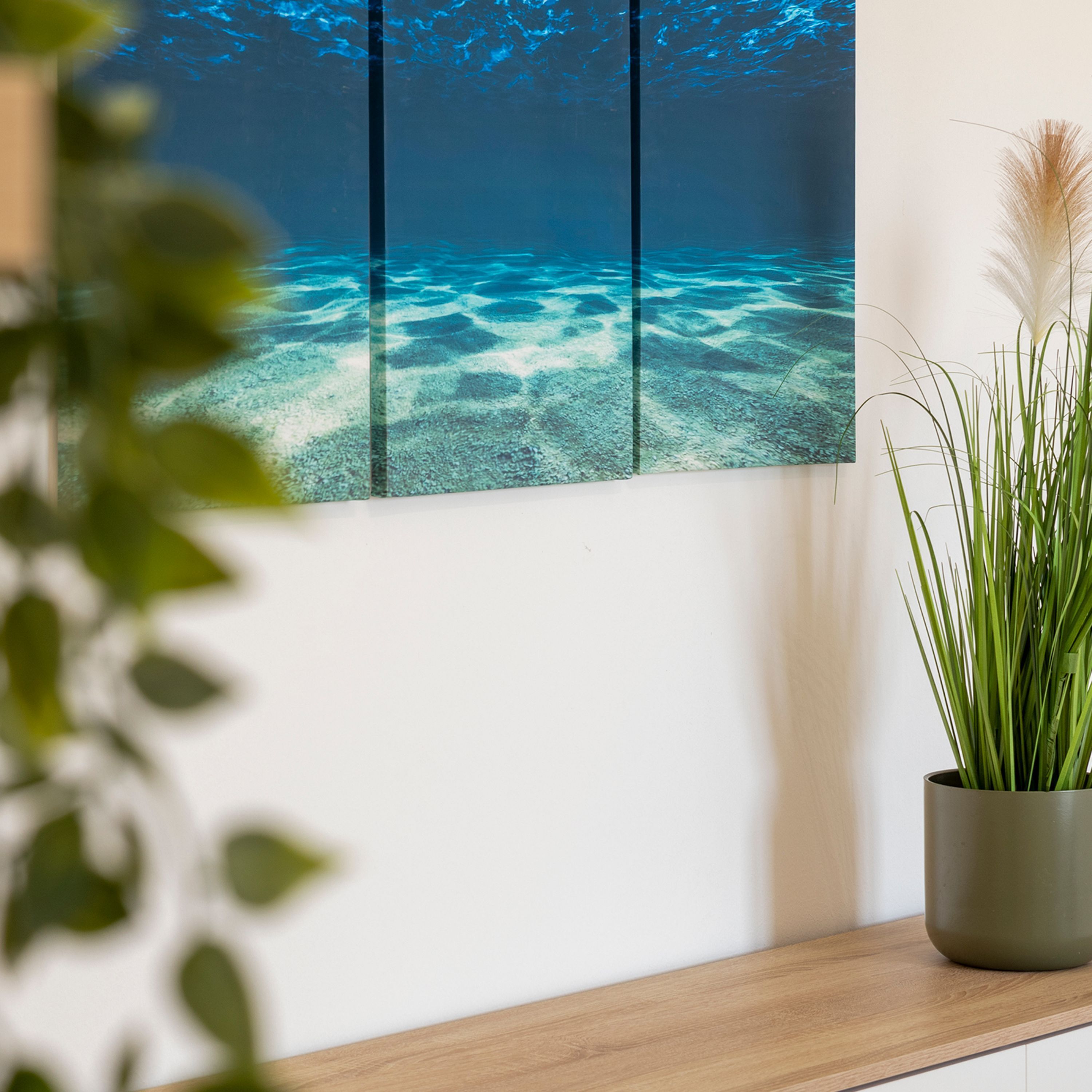 Eine gerahmte Unterwasseransicht an einer Wand, ein Topfpflanze und ein Holzregal.