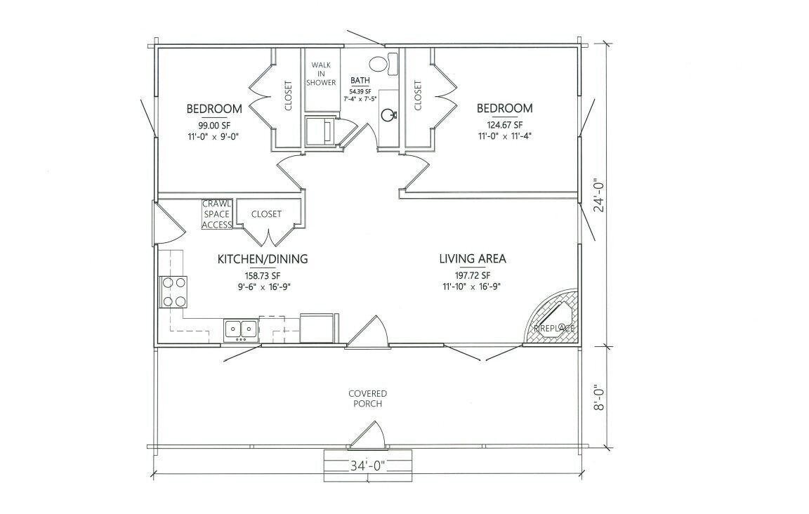 A floor plan of a house with two bedrooms, a kitchen/dining area, a living area, and a covered porch.