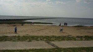 A beach with a pier extending into the water, sandy terrain, and a few people in the distance. - North Sea Holiday House Wellmeyer (Wurster Nordseeküste)