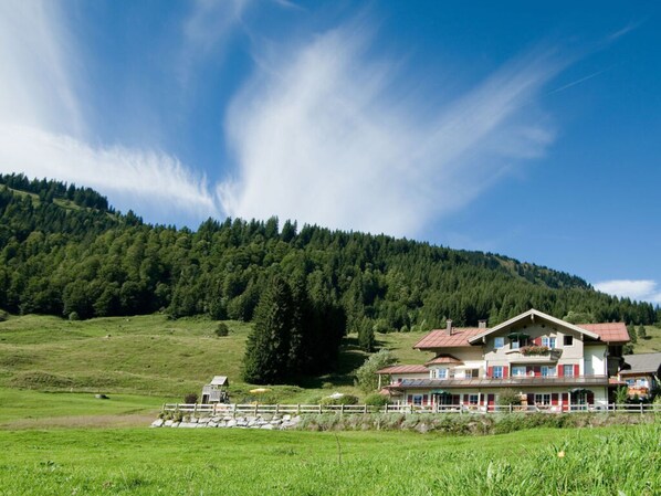 A two-story chalet with a red roof, surrounded by lush green fields and a forested mountain in the background.