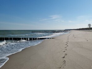 A wide sandy beach with footprints leading to the water, a wooden breakwater, and a clear sky. - Kommodig Utkiek Modern Retreat (Zingst)