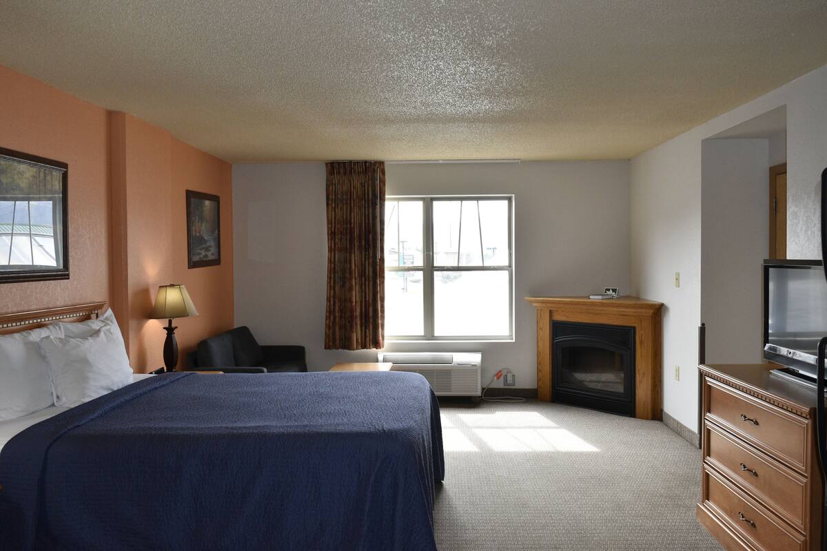 Une chambre d’hôtel comprenant un lit, un bureau, une chaise, une cheminée et un téléviseur.