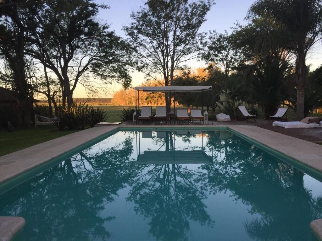 A swimming pool with lounge chairs and a canopy, surrounded by trees.