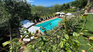 Una piscina con sillas de descanso y sombrillas, rodeada de follaje y colinas.