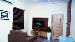 Un salón con un sofá marrón, un televisor sobre un mueble de madera, una puerta y una planta en maceta.