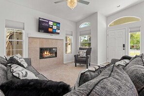 Télévision, cheminée, espaces bureaux