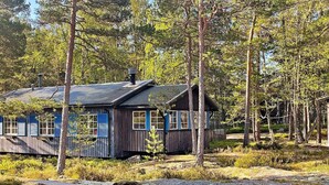 Un rustico chalet con tetto in metallo, immerso tra alberi e un vialetto sterrato.