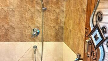 Shower, towels, soap, shampoo