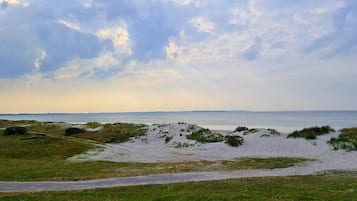 Un paisaje costero con dunas de arena, un sendero cubierto de hierba y vista al mar bajo un cielo nublado.