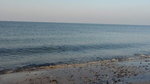 Ein Strand mit ruhigem Wasser und blauem Himmel.
