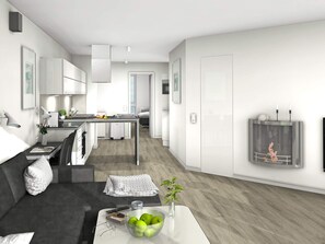 Ein modernes Apartment mit Küche, Essbereich und Wohnzimmer.