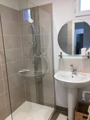 Regadera, secadora de cabello, bidet, toallas 
