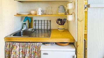 Een ruimtelijk ingerichte kitchenette met een spoelbak, een kleine koelkast en een houten aanrecht.