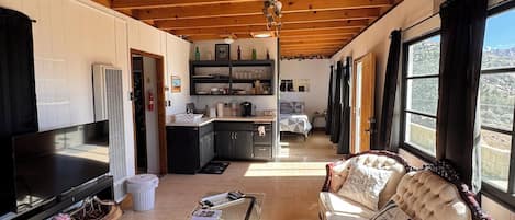 Smart TV, fireplace, DVD player, books