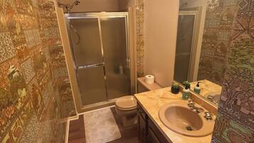 Shower, jetted tub, hair dryer, bidet